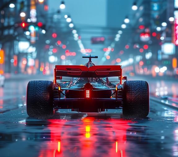 The back of a Formula 1 race car on a street circuit.