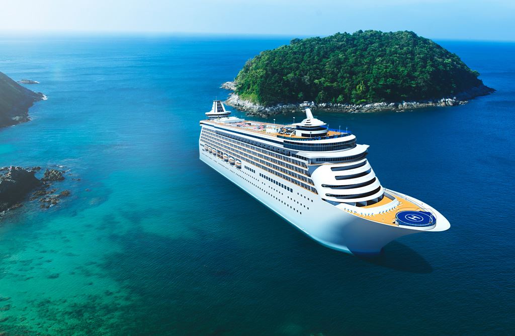A cruiseship in a tropical bay with a island in the background with lush green vegitation with the copy '7-night couples cruise to Greece'.